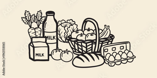 Hand drawn grocery food set with vegetables milk bread eggs and fruits in simple outline vector illustration