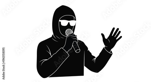 Vector graphic illustration of a hooded figure speaking into a microphone with one hand raised