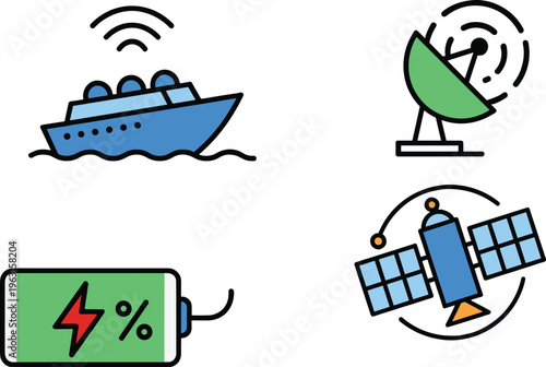 Wireless communication technology icons set satellite radar ship signal battery charging vector illustration modern design collection