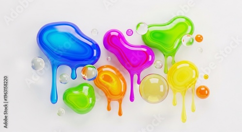 Vibrant colorful liquid blobs in abstract fluid art with glossy reflections and playful shapes