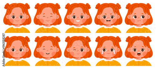 Cute redhead girl character with different facial expressions set. Child avatar with various emotions: happy, sad, surprised, angry, confused, smiling. Emotions education. Isolated vector illustration