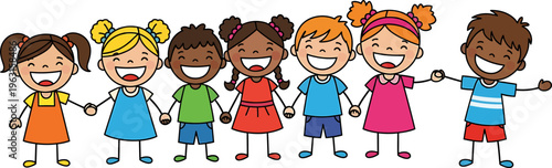 Diverse Group of Happy Children Holding Hands, Smiling Cheerfully in a Line