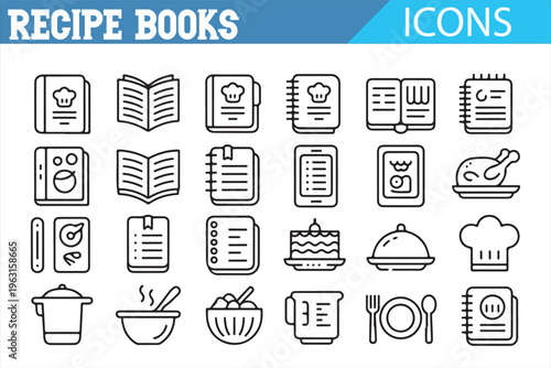 Cooking and recipe icons set in hand drawn style with food and menu symbols