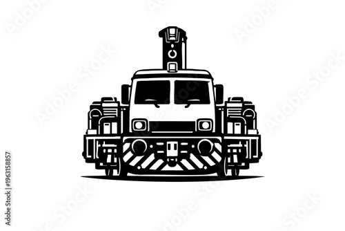Front view of a rail maintenance vehicle with symmetrical composition