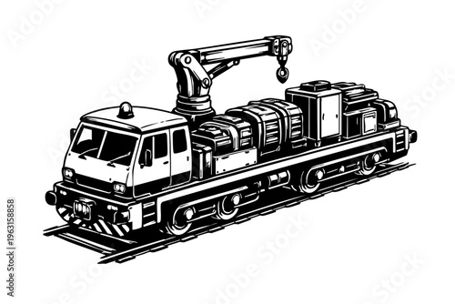 Isometric view of a rail maintenance vehicle showing service cabin, chassis layout