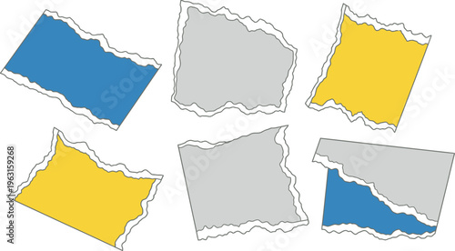 Set of Realistic Colorful Torn Paper Scraps - Vector Ripped Paper Fragments with Ragged Edges in Blue, Yellow, and Grey for Creative Collage and Graphic Design