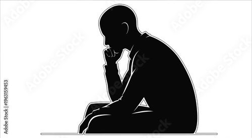 A man sitting in a thoughtful posture with his hand on chin in a vector illustration