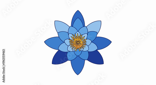 A stylized blue water lily with yellow center, set against a white background