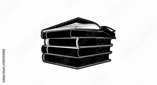 A stack of open and closed books, rendered in stark black and white