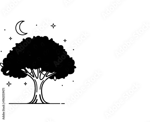 A stylized silhouette of a large tree under a crescent moon and stars