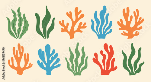 Colorful coral reef shapes in various orange blue and green hues on beige