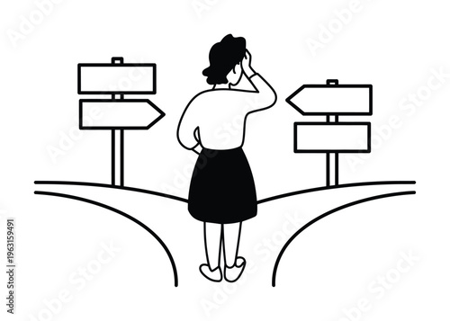 Confused Woman at Crossroads Vector Illustration