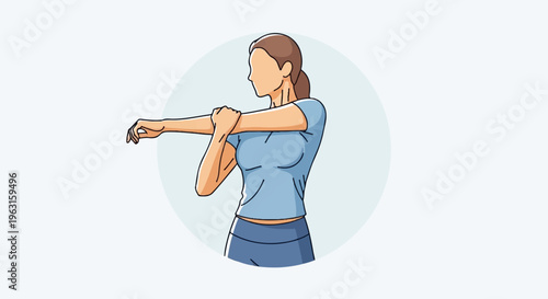 A stylized woman performs an arm stretch, focusing on her upper body