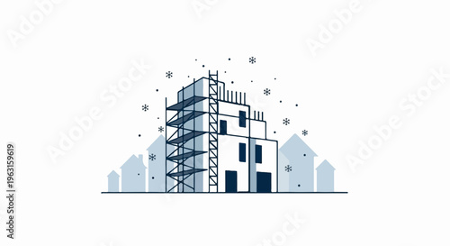 Building construction in progress with scaffolding and falling snow