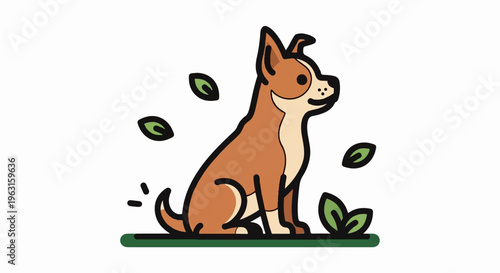 Cartoon dog sitting among green leaves