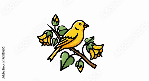 Cartoon yellow bird perched on a branch with yellow flowers