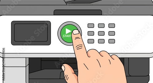 Finger presses green start button on a copy machine