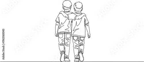Two Young Boys Walking Together with Arms Around Shoulders, Continuous Line Art Drawing