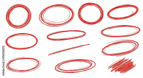 Collection of hand drawn red circles and oval shapes in various sizes