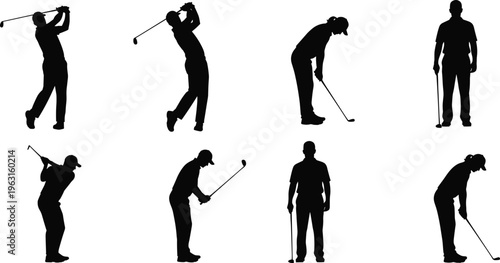 Set of professional golf player silhouettes featuring various swing poses club positions and standing male golfers isolated on white background
