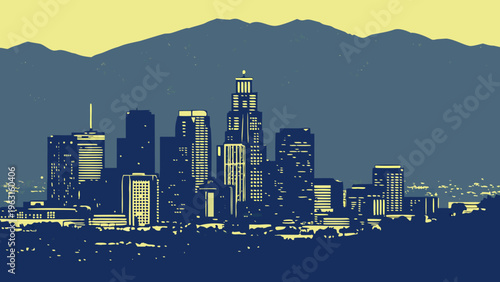 Modern Metropolitan Skyline Silhouette Against Distant Mountain Range Dusk Evening Atmosphere Downtown Architecture los angeles skyline