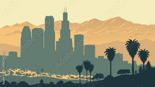 Urban Skyline Silhouette with Mountain Backdrop and Palm Trees at Sunset or Sunrise Scene los angeles skyline