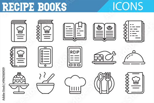 Hand drawn recipe book icons set with cooking and kitchen symbols