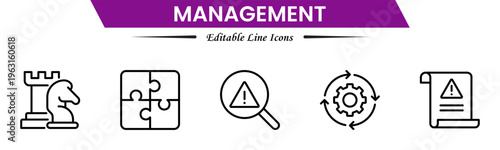 Management icons depicting leadership, planning, organization, strategy, teamwork, coordination, decision making, workflow, supervision, productivity, operations, goals, efficiency, and business