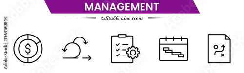 Management icons depicting leadership, planning, organization, strategy, teamwork, coordination, decision making, workflow, supervision, productivity, operations, goals, efficiency, and business