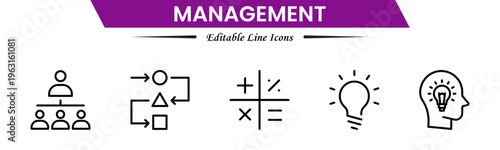Management icons depicting leadership, planning, organization, strategy, teamwork, coordination, decision making, workflow, supervision, productivity, operations, goals, efficiency, and business