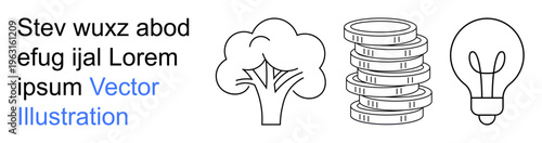 Sustainability, eco-finance, innovation, renewable energy, green economy, and resource management. Minimal tree, coin stack and light bulb design. Sustainability and eco-finance concepts