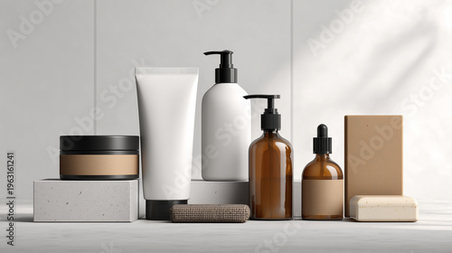 Multiple generic products arranged in clean composition, photorealistic, natural light, copy space, e-commerce, catalog