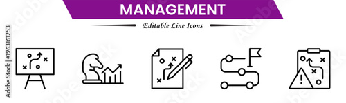 Management icons depicting leadership, planning, organization, strategy, teamwork, coordination, decision making, workflow, supervision, productivity, operations, goals, efficiency, and business