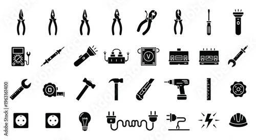 A collection of classic tools and electrical devices in black and white icons