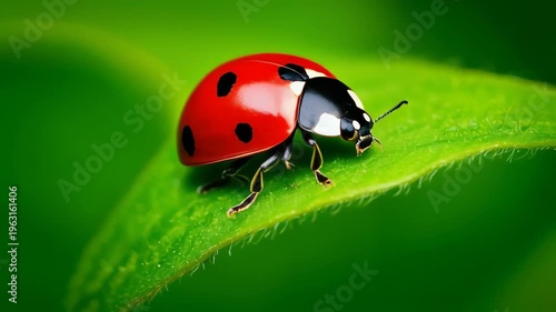 Macro Shot of a Red Ladybug on a Green Leaf