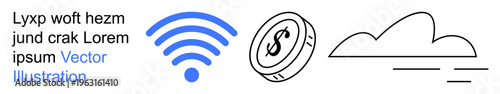 Digital technology, financial transactions, online economy, wireless data, cloud systems, remote work. Blue wireless icon, dollar coin black cloud icon. Digital technology and financial transactions