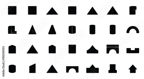 Collection of black geometric shapes and figures arranged in a grid pattern