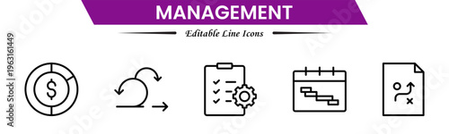 Management icons depicting leadership, planning, organization, strategy, teamwork, coordination, decision making, workflow, supervision, productivity, operations, goals, efficiency, and business