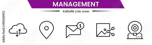 Management icons depicting leadership, planning, organization, strategy, teamwork, coordination, decision making, workflow, supervision, productivity, operations, goals, efficiency, and business