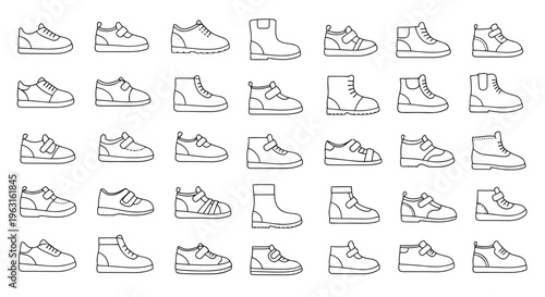 A diverse collection of stylized sneaker silhouettes showcasing various designs and structures