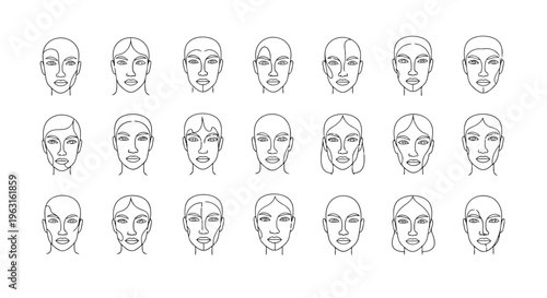 A collection of diverse facial expressions and head orientations in line drawing style