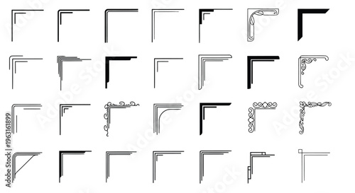 Collection of geometric line angles and corner variations in black and white line art
