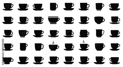 Collection of diverse coffee cups in various orientations and styles arranged in a grid pattern