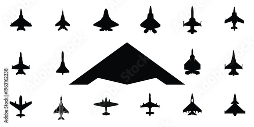 Military aircrafts icon set. Fighters and bombers silhouette on white background. Set airplane icon. Aircrafts flat style - stock vector.