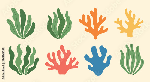 Colorful coral reef elements in various shapes and hues on beige