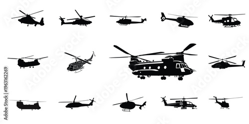 Military and Civilian Helicopter Silhouettes Collection. Chinook, Attack, Transport and Civil Helicopters Vector Pack.