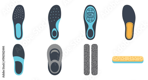 Various shoe parts and accessories laid out on a surface