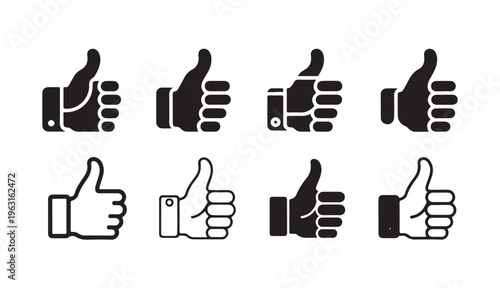 Set of eight different hand thumbs up icons in black and white on white background