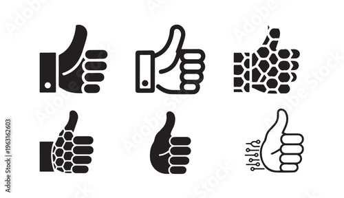 Set of six black and white outline and solid like thumb up icons with unique hand textures