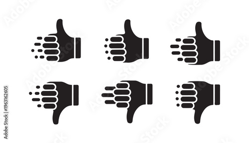 Set of six black and white thumb up and thumb down icons with motion blur effect
